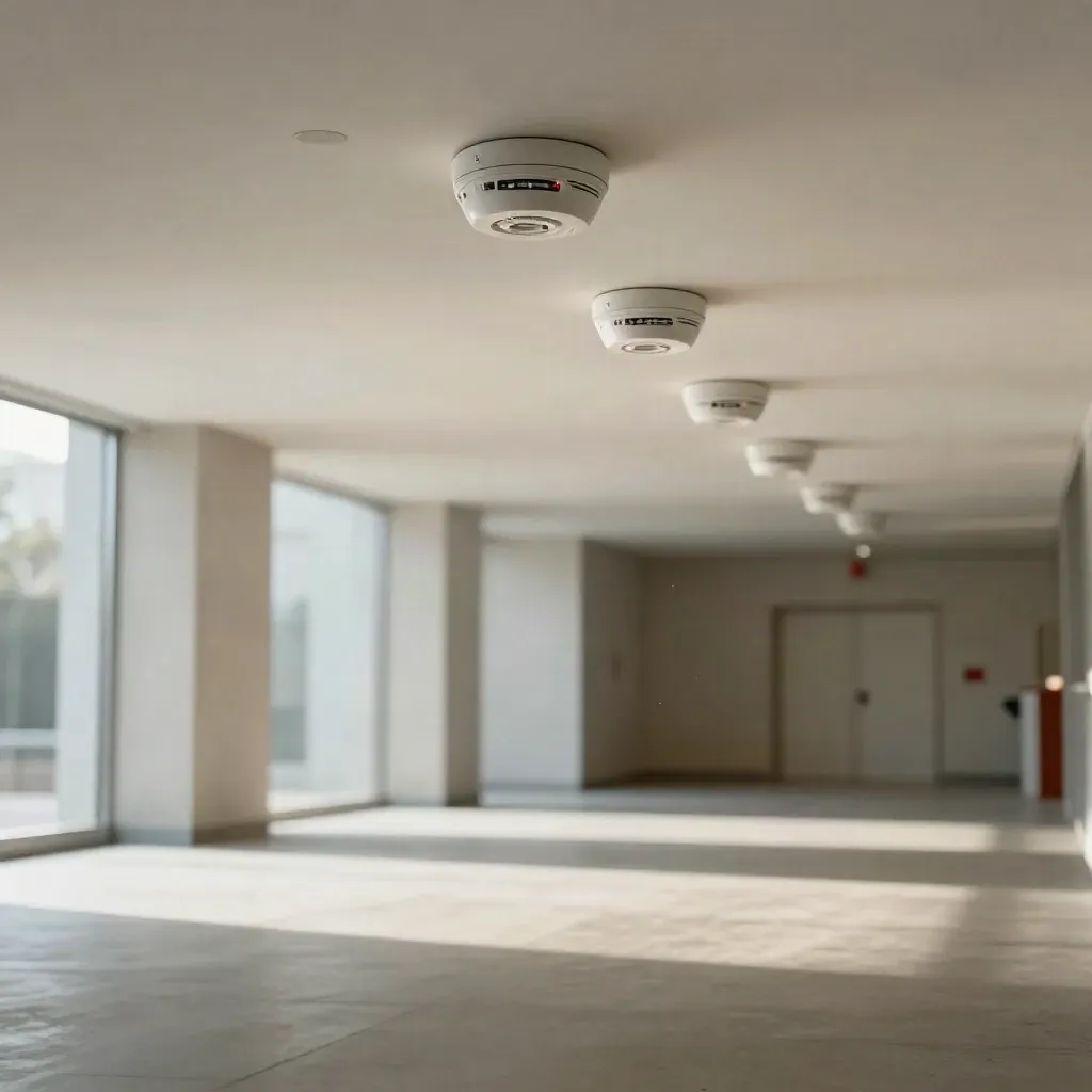 Sirènes et détecteurs incendie au plafond d’un hall d’entreprise, vus en contre-plongée.