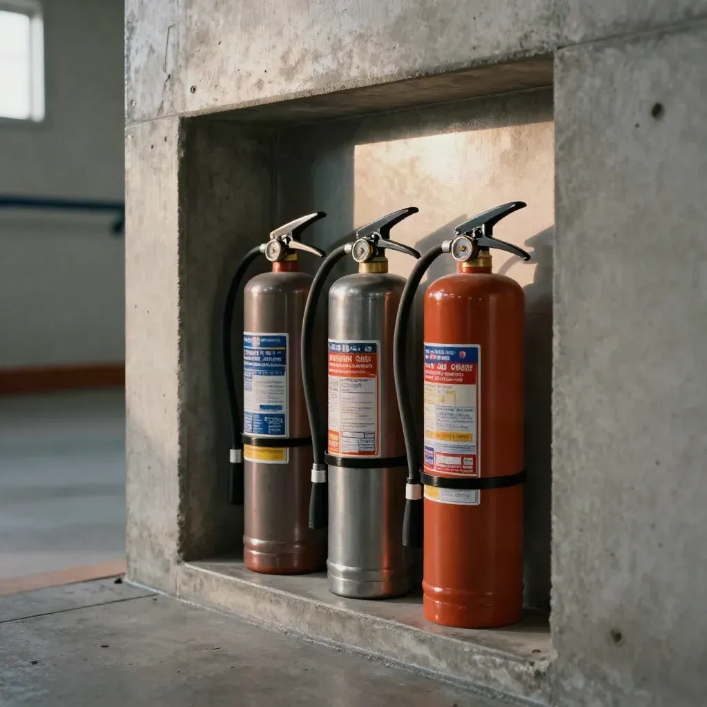 Trois extincteurs muraux alignés dans une alcôve de béton et d’acier, lumière chaude d’après-midi.