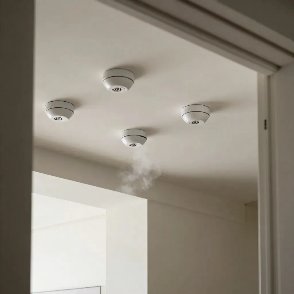Plafond d’appartement avec quatre détecteurs de fumée blancs et une fine brume de test.