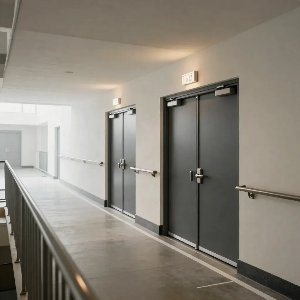 Couloir d’immeuble avec marquage d’évacuation, portes coupe-feu closes et sortie lumineuse au fond.