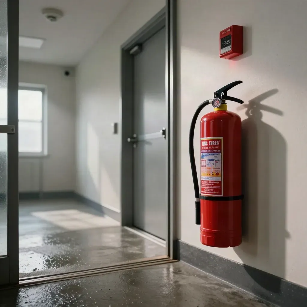 Hall technique rénové avec extincteur mural, détecteurs de fumée et porte coupe-feu.
