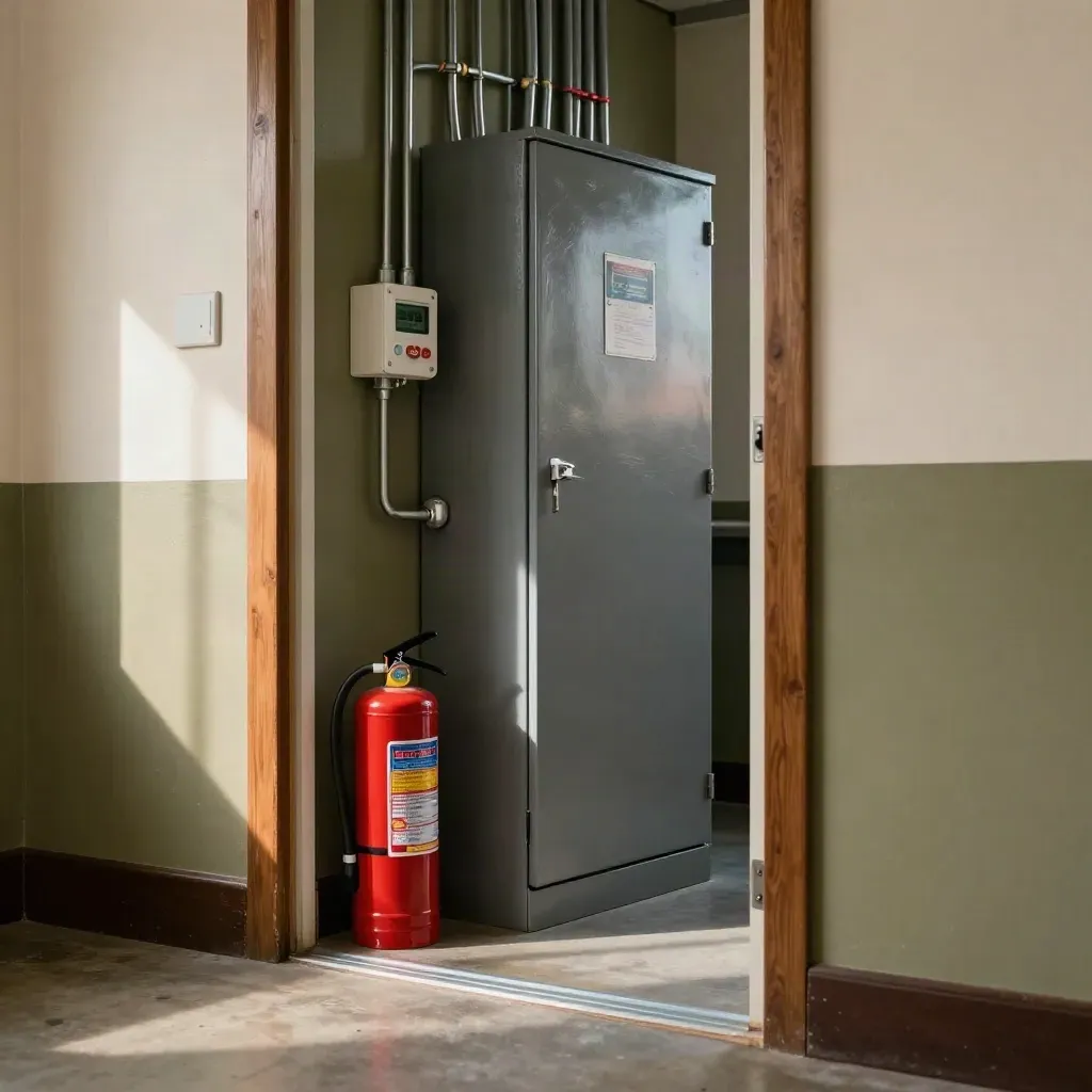 Local technique rangé avec extincteur, alarme murale et coffret électrique, lumière chaude.