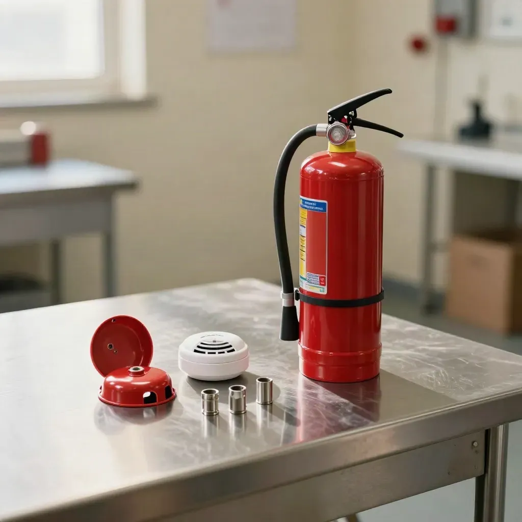 Extincteur ouvert, joints neufs et détecteur démonté sur inox, pour maintenance annuelle.