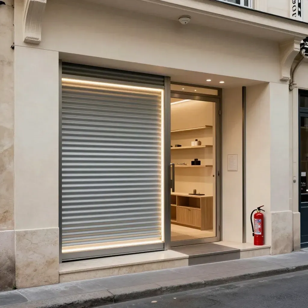 Boutique parisienne prête au contrôle, détecteur discret et extincteur près de l’entrée.