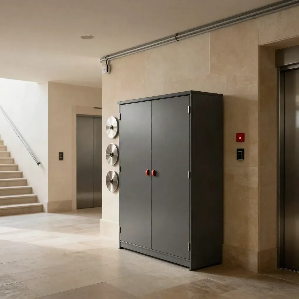 Hall de copropriété avec armoire technique fermée et détecteurs récents alignés.
