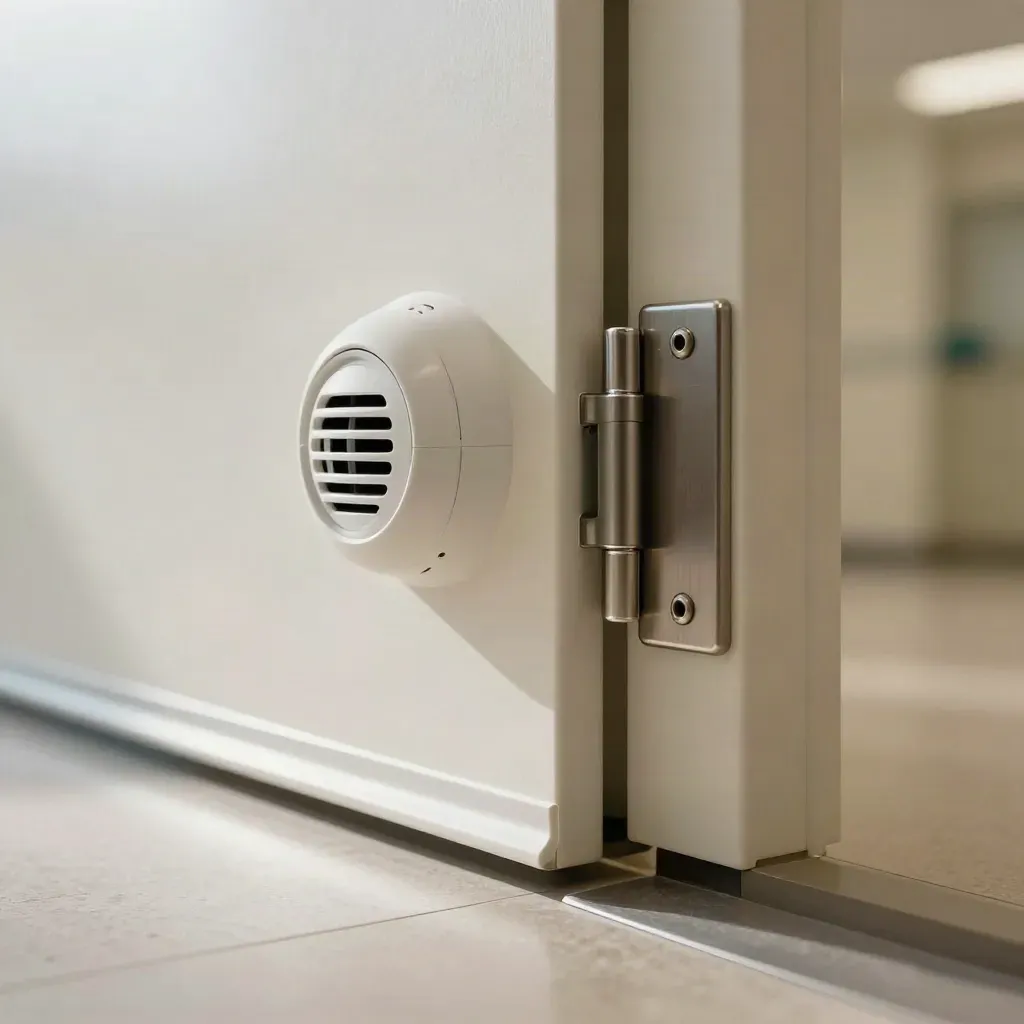 Gros plan d’un couloir médical immaculé avec deux détecteurs testés et une porte coupe-feu.