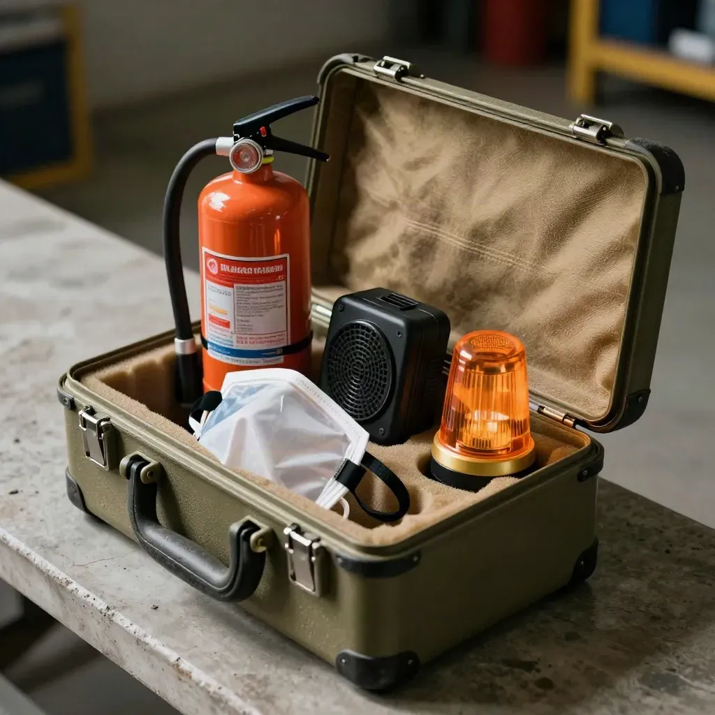 Kit de formation incendie avec mini extincteur, masque d’évacuation et alarme de démonstration.