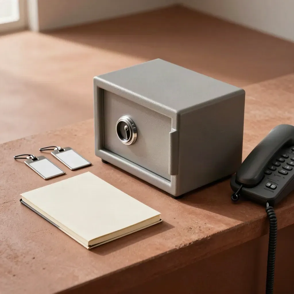 Coffre à clés sécurisé, étiquettes métal, carnet fermé et téléphone graphite sur console.