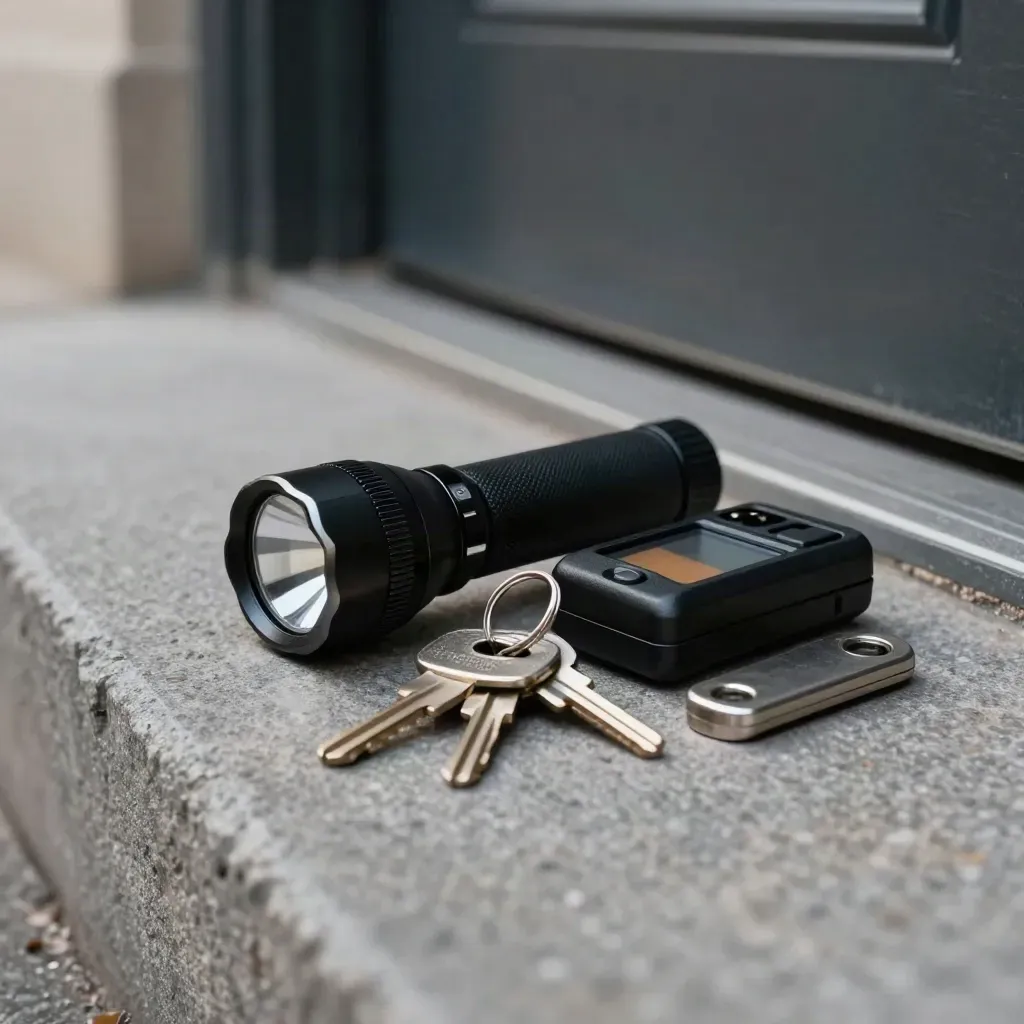 Lampe torche, clés de maîtrise, détecteur et butoir sur un seuil en pierre, vus en biais.