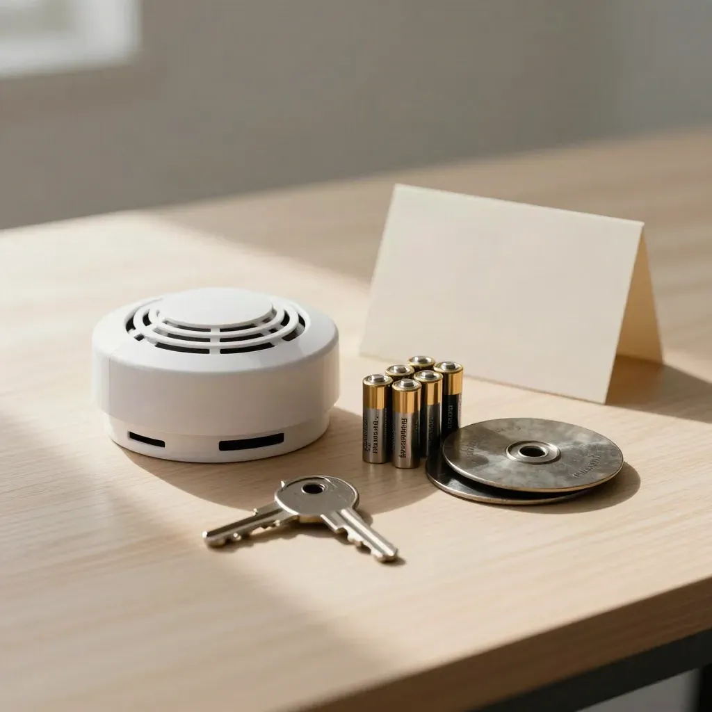 Vue de table d’un détecteur de rechange, batteries neuves, clé de sécurité et disques métalliques.