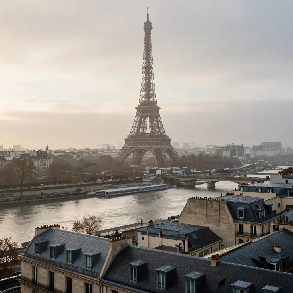 Paris à l’aube, tour Eiffel haute dans la brume au-dessus des toits et de la Seine.