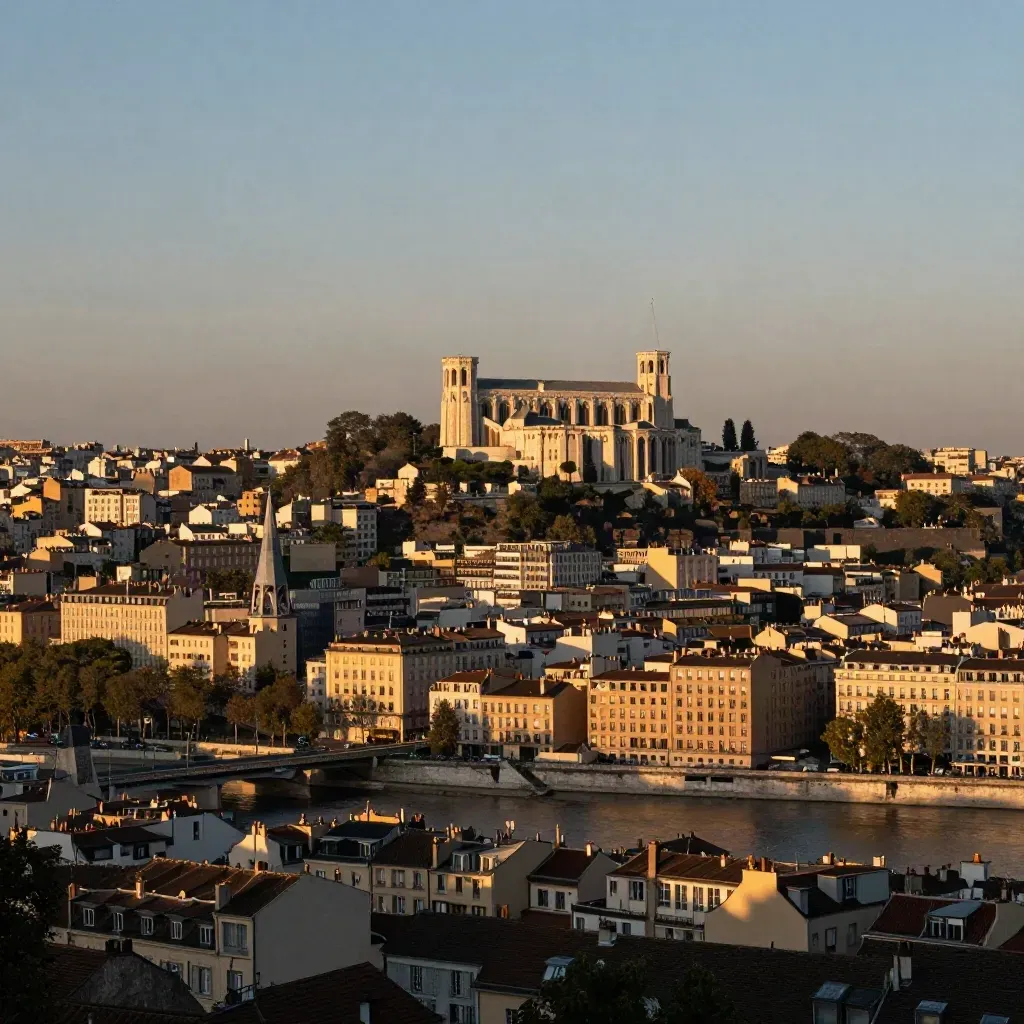 Lyon au soleil couchant, basilique de Fourvière en hauteur et Rhône dans la brume.