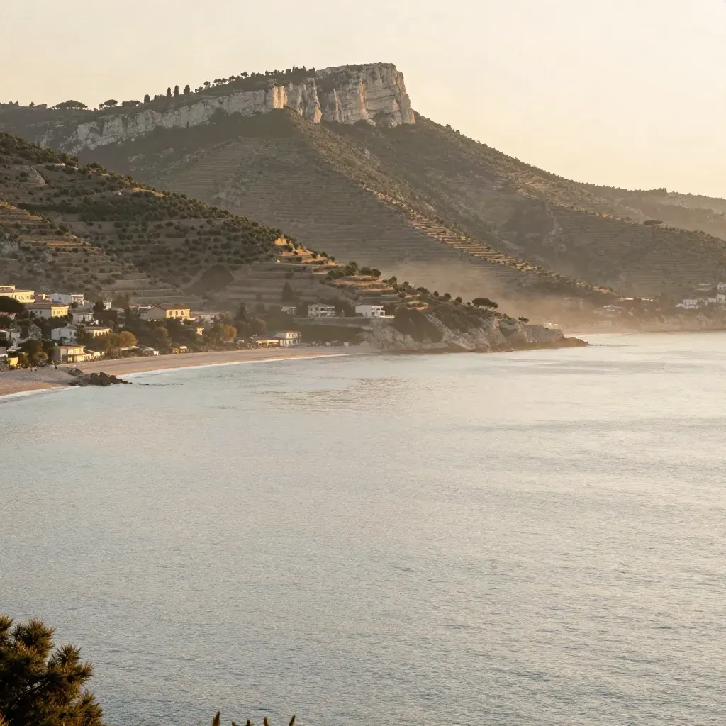 Vue dorée de Nice, promontoire rocheux haut, mer calme et collines méditerranéennes brumeuses.