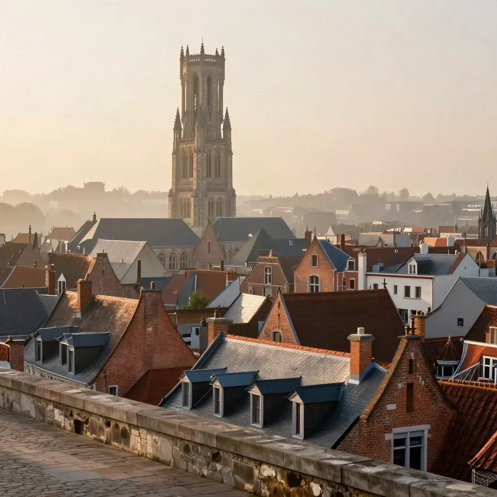Vue aérienne de Lille dans la brume dorée, beffroi haut et toits flamands en bas