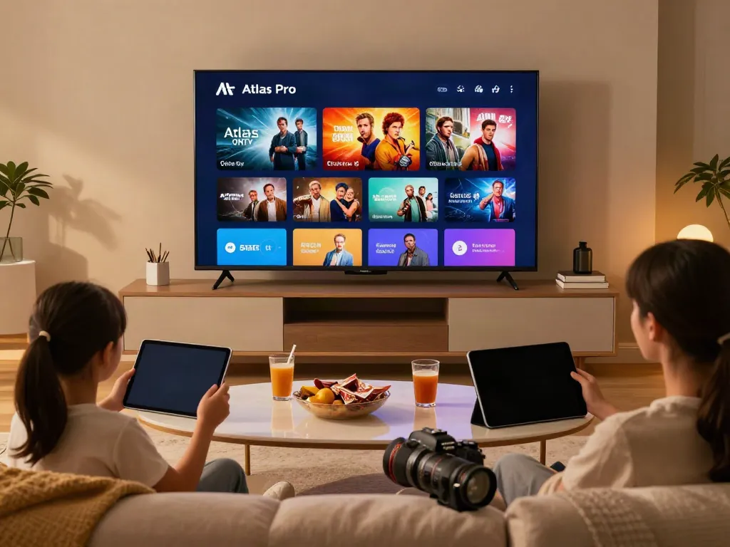 Installer l'application Atlas Pro ONTV sur la Smart TV dans un salon moderne.